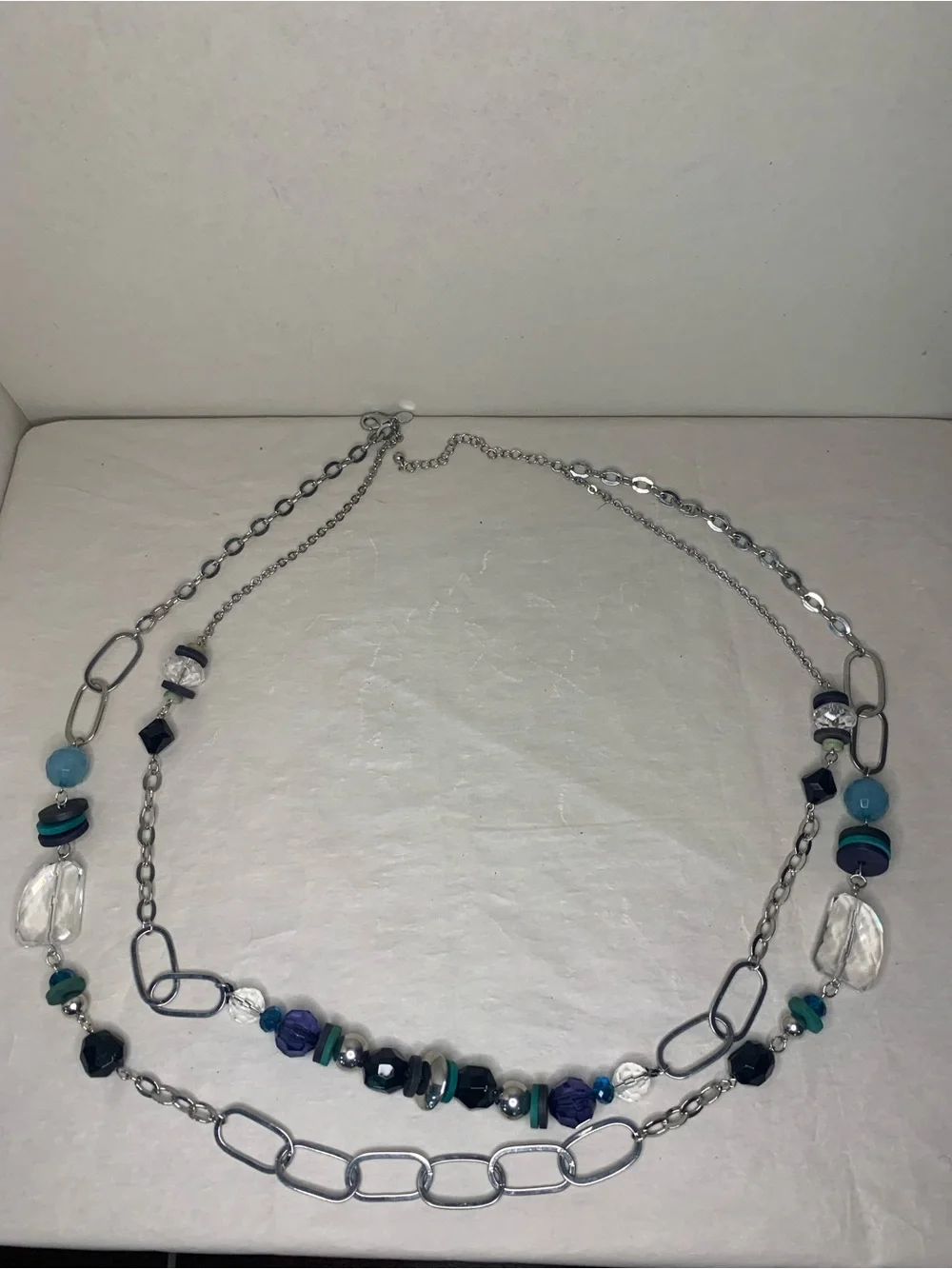 Double Strand Silver Beaded Chain Belt in Blue and Black